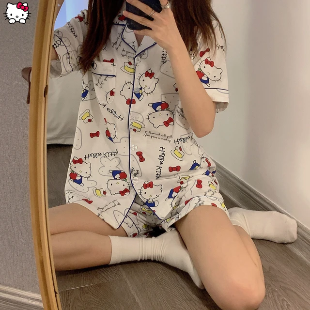 Gecelik sevimli Hello Kitty baskı KT kedi karikatür pijama kadın yaz kısa  kollu şort kore Y2k hırka takım üst şort - AliExpress