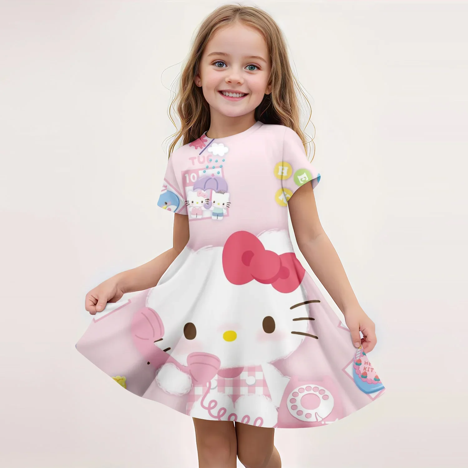 

Miniso Cute Hello Kitty 3D Print Girls Short Sleeve Dress Children’s Summer Cool Clothing Soft Skirt Kids Nightgown Camping Gift