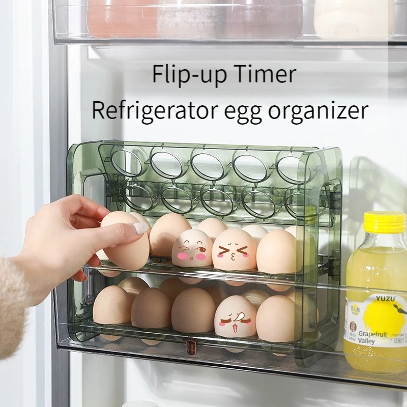 Layers Large Capacity Egg Holder for Refrigerator,Flip Design 30 Eggs Organizer，Foldable Storage Fridge Side Door Egg Organizer