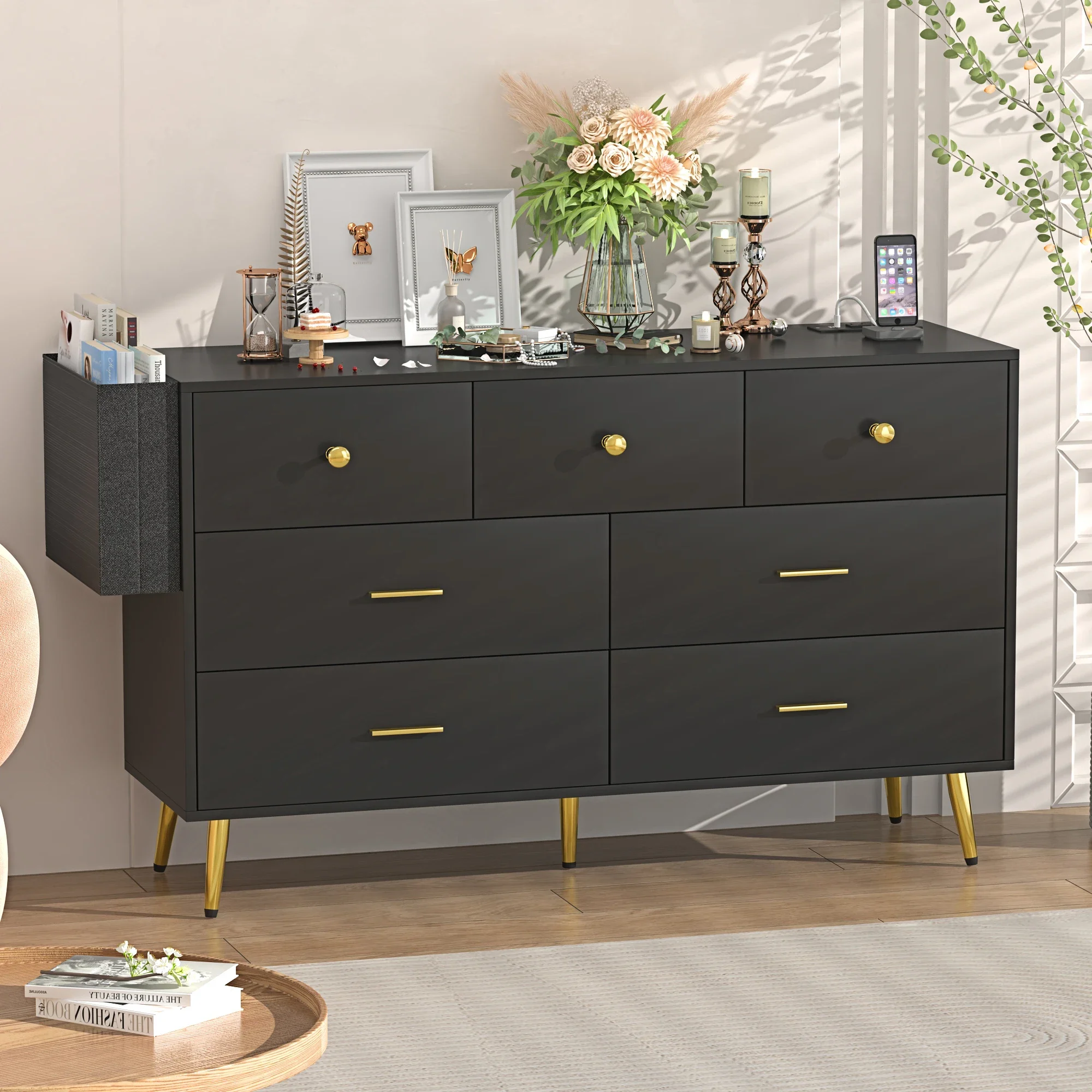 Black Dresser for Bedroom with Power Outlets, 7 Drawer Dresser with Charging Station, Wide Chest of Drawers with Storage Pocket