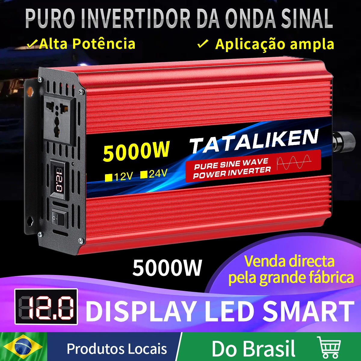 Inversor dc12v/24v para ac 220v tensão 50/60hz transformador solar de energia conversor de onda senoidal pura com display led soquete universal