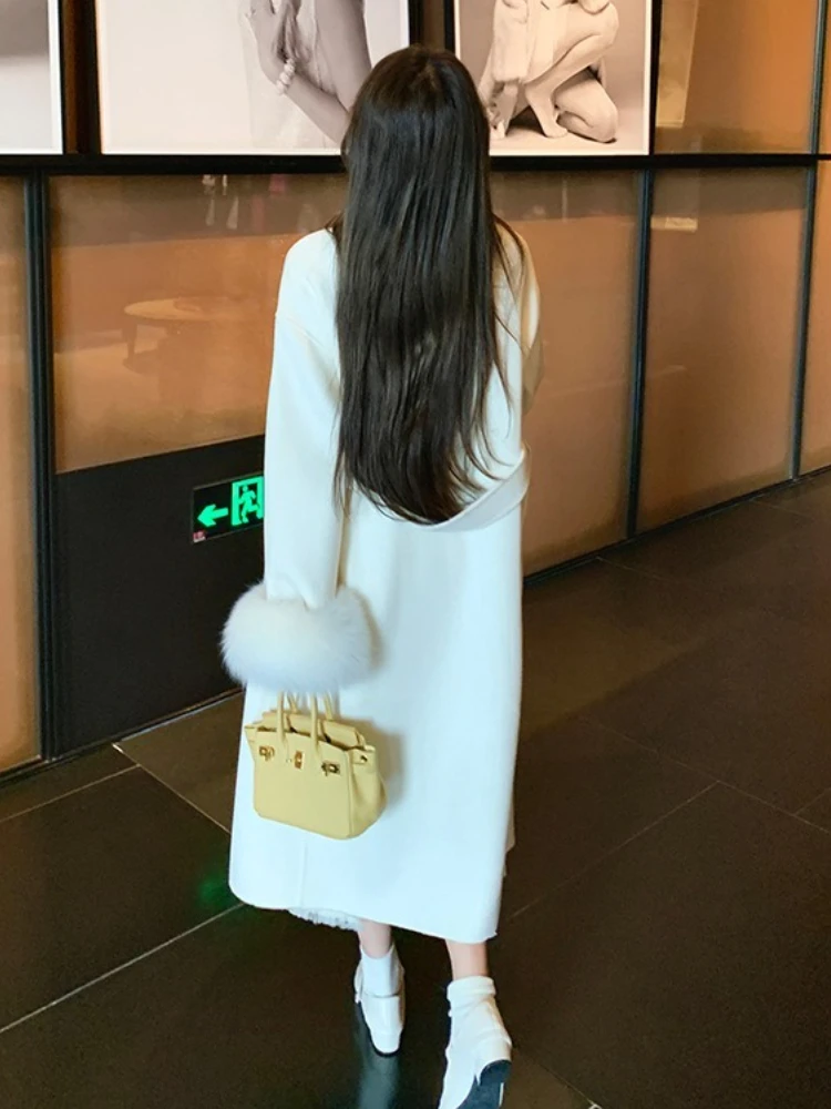Women Elegant Double-faced Woolen Jacket New Autumn Winter Long Top Clothing Real Fox Fur Cuff Cashmere Wool Coat Female