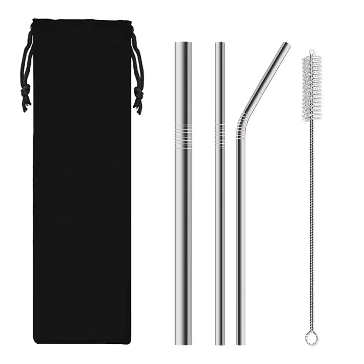 Stainless Steel Straw Combination 1 Straight Tube 1 Curved Tube 1 Large Straw 1 Cleaning Brush Milk Drink Juice Straw