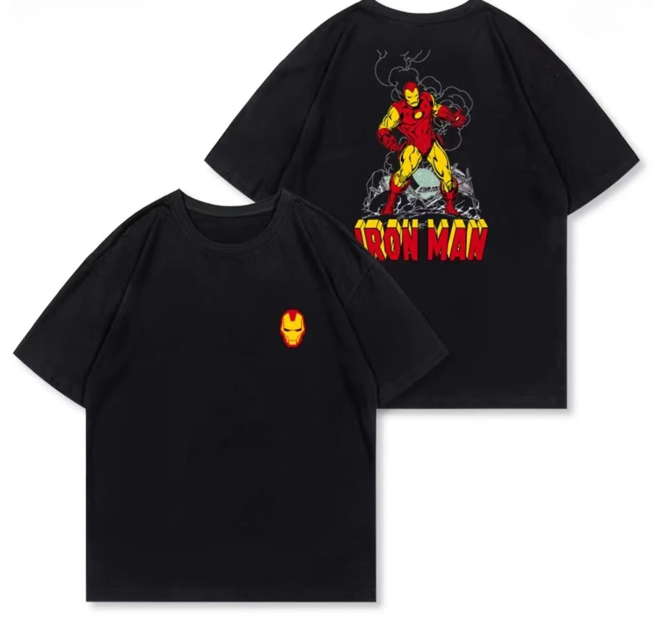 

2025 American Marvel Retro Illustration Style Iron Man Family and Children's Wear Large-sized Printed Short-sleeved Casual Wear