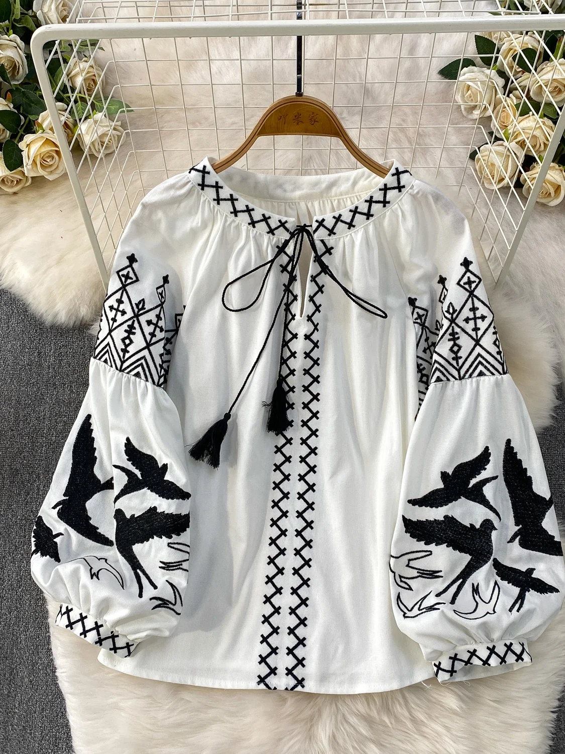 Retro Artistic Style Embroidered Long Sleeve Sun Protection Shirt Women's Spring Autumn Casual Loose Top round Neck Tie Dye
