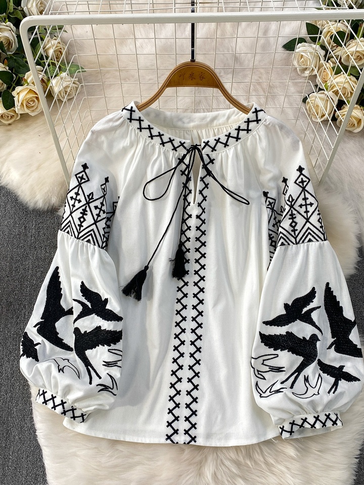  Retro Artistic Style Embroidered Long Sleeve Sun Protection Shirt Women's Spring Autumn Casual Loose Top round Neck Tie Dye 