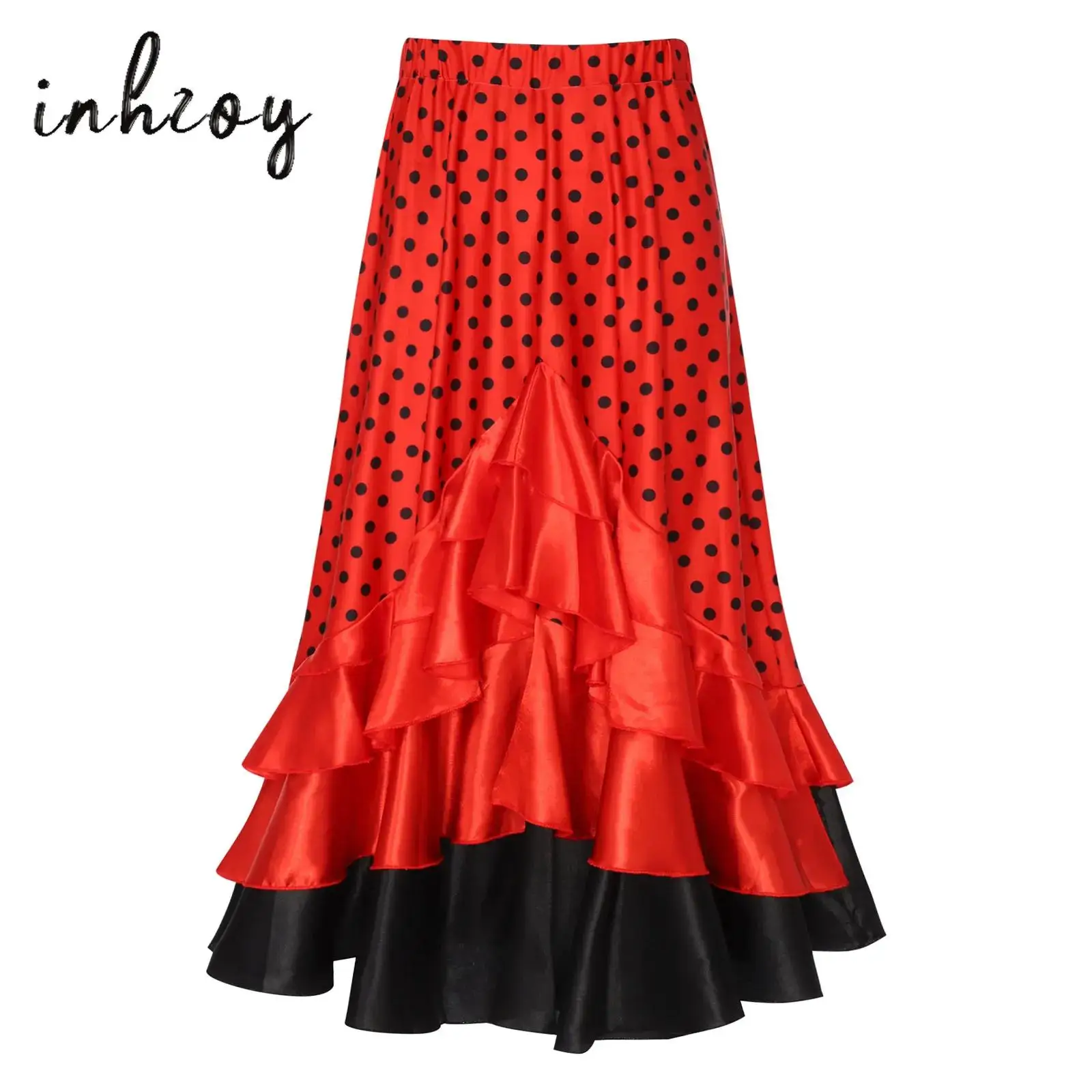 

Kids Girls Spanish Flamenco Dance Skirts Polka-Dot Layered Ruffled Long Skirt for Lyrical Dance Performance Halloween Costume