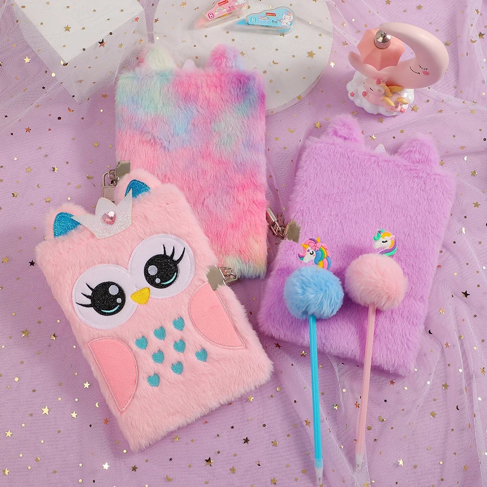 Cute Cartoon Little Princess Owl Notebook Soft Plsuh A5 Notebook for Girl Kawaiii Animal Diary Book With Lock School Stationery