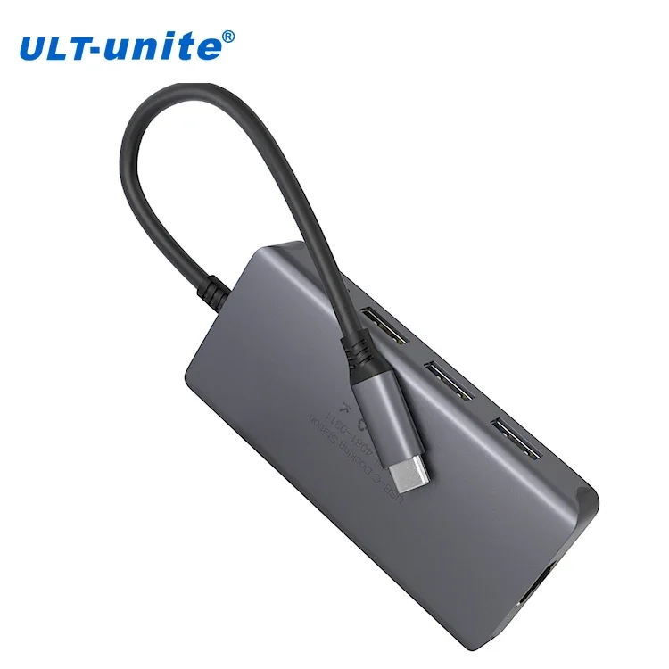 ULT-unite New Arrival 8 in 1 USB Type C Hub with 1Gbps Ethernet 4K 60Hz  USB 3.0 2.0 Type A  Ports 100W Power Delivery SD