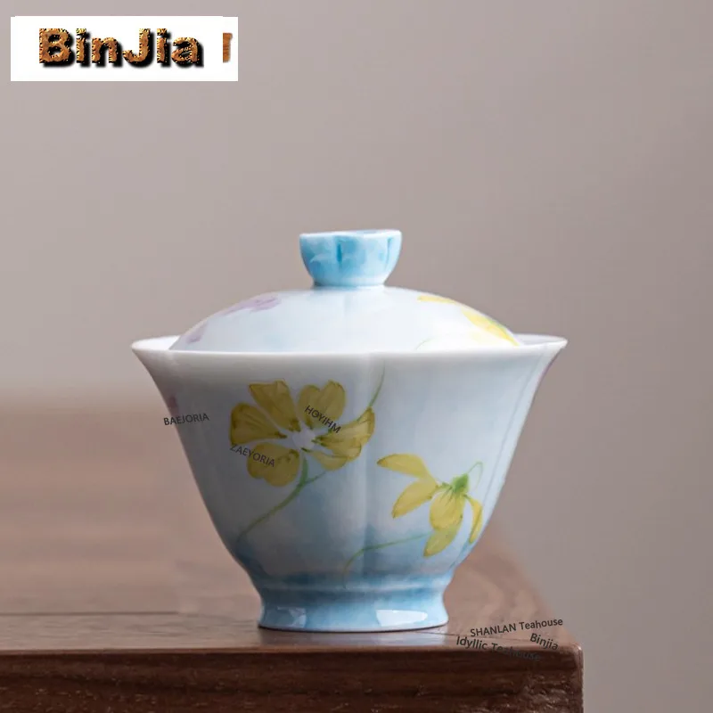 BAEJORIA 90ML Hand Drawn Galsang Flower Gaiwan Ancient Tea Tureen Tea Bowl With Lid Kit Tea Brewing Cover Bowl Chinese Tea Set