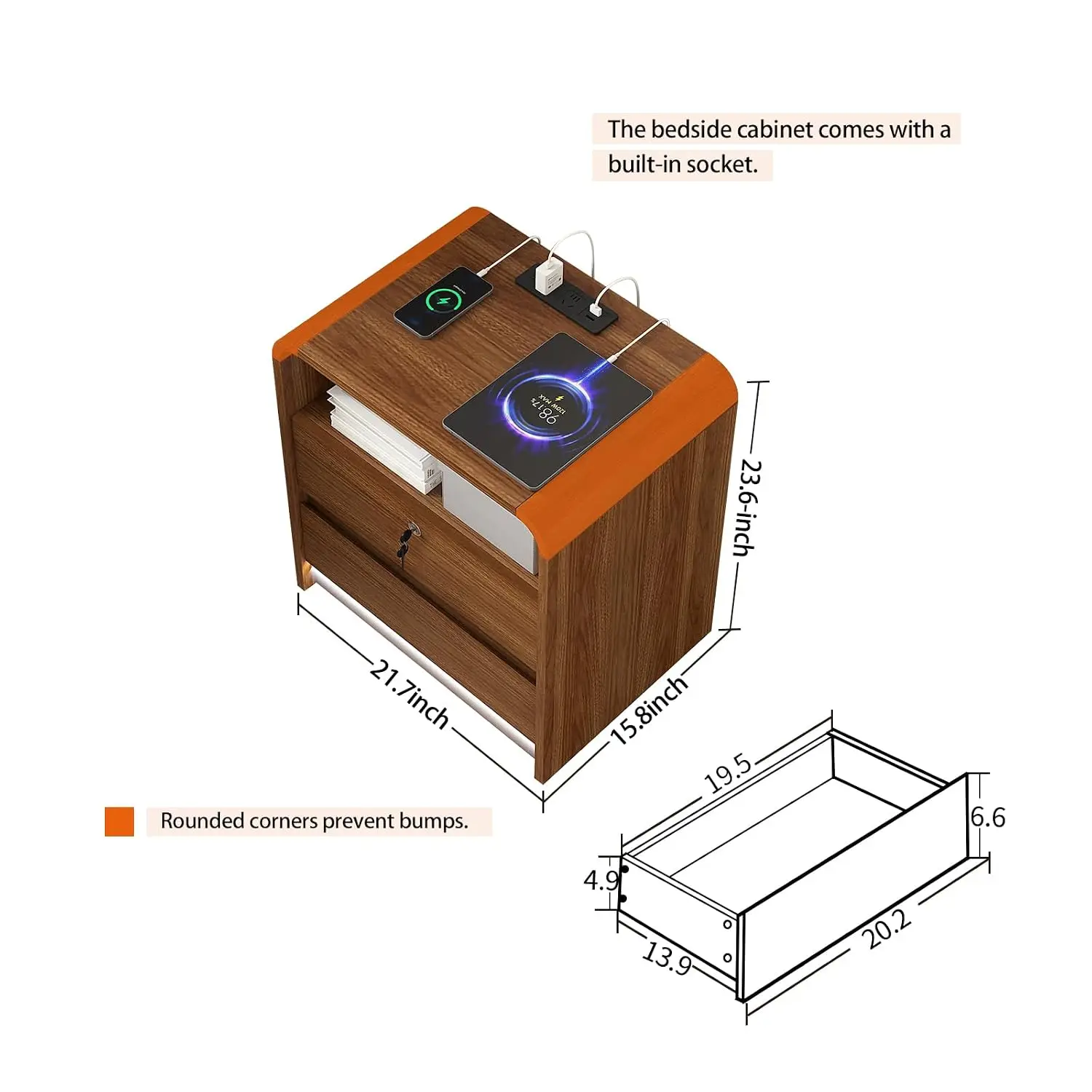Nightstand w/ Charging Station & Motion LED, Walnut 23.6