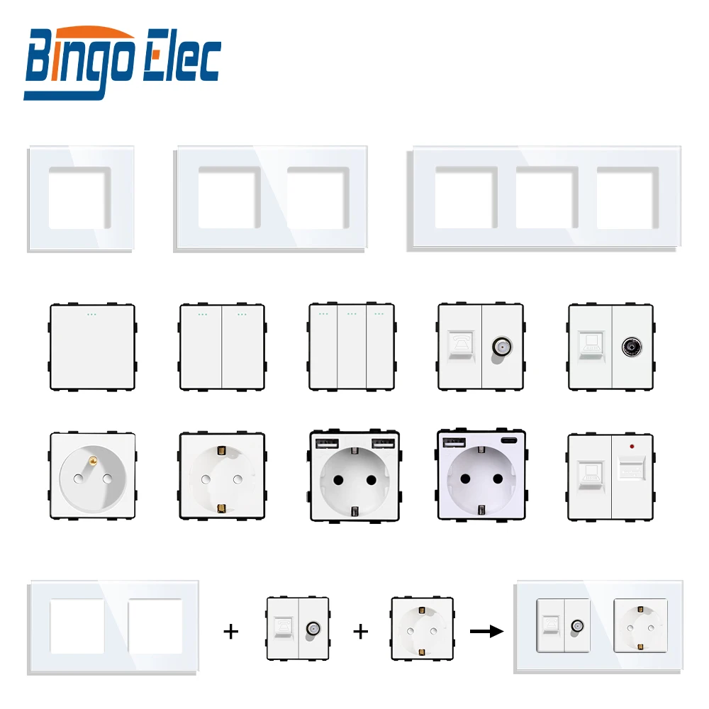 Bingoelec White Crystal Tempered Glass Panel Light switch eu french wall socket usb tv rj45 satellite Sensor switch Module DIY