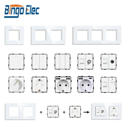 Bingoelec White Crystal Tempered Glass Panel Light switch eu french wall socket usb tv rj45 satellite Sensor switch Module DIY