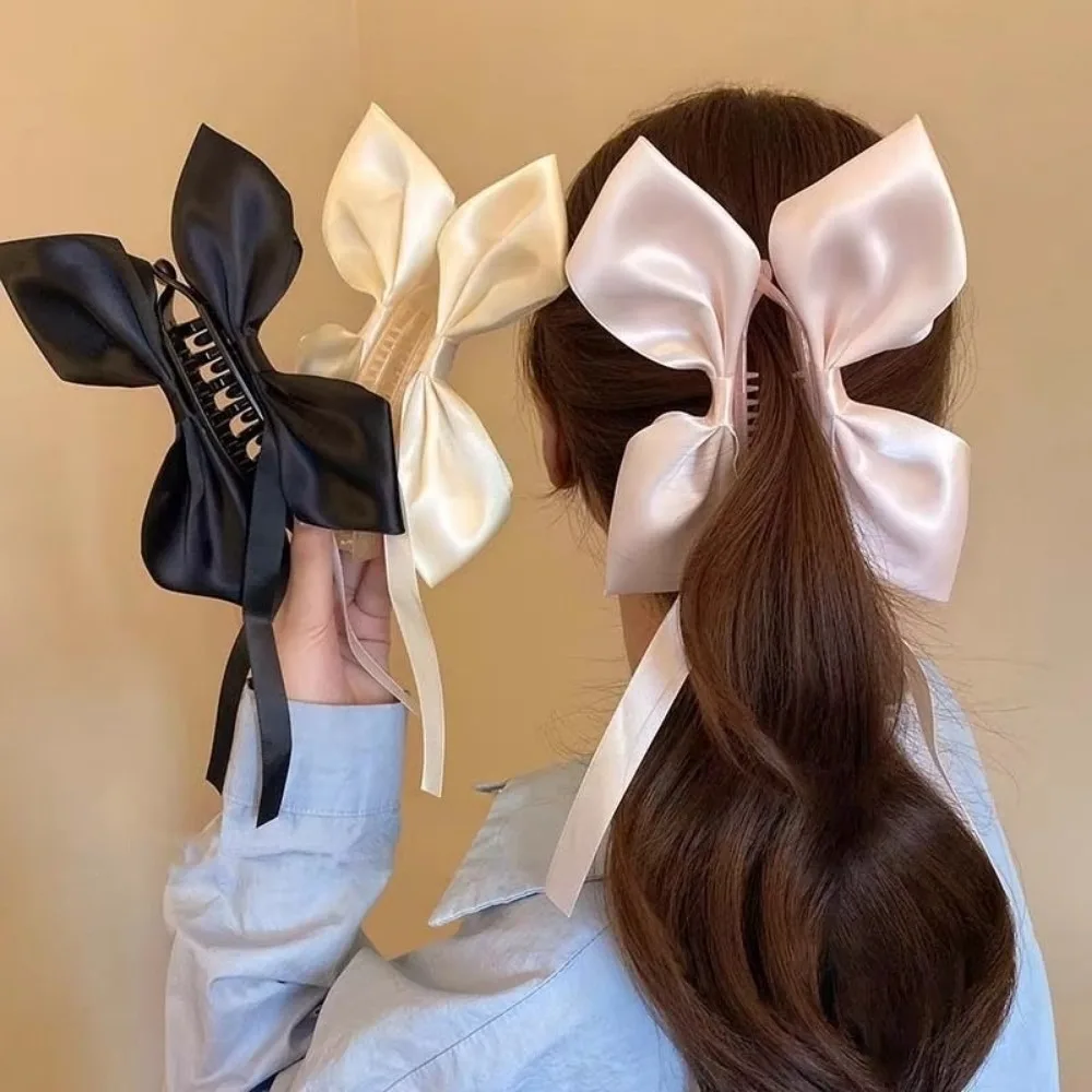 

Sweet Satin Bowknot Korean Hair Claw Wide Side Soft Material Solid Color Hair Clip Large Size Banana Clip Daily Use