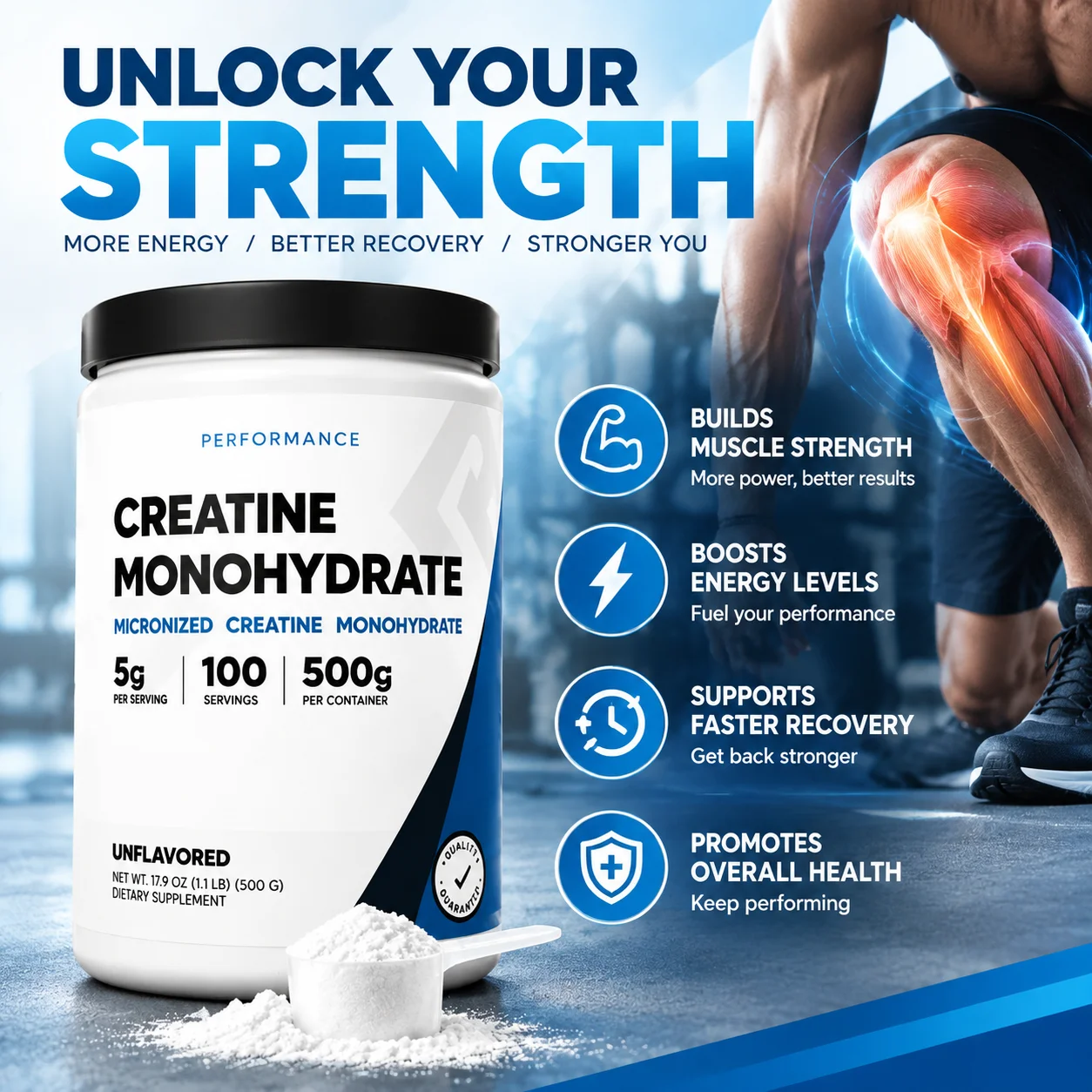 Creatine Monohydrate Micronized Powder - Boosts Muscle Growth & Strength with 5g Pure Creatine Per Serving, Unflavored,500g