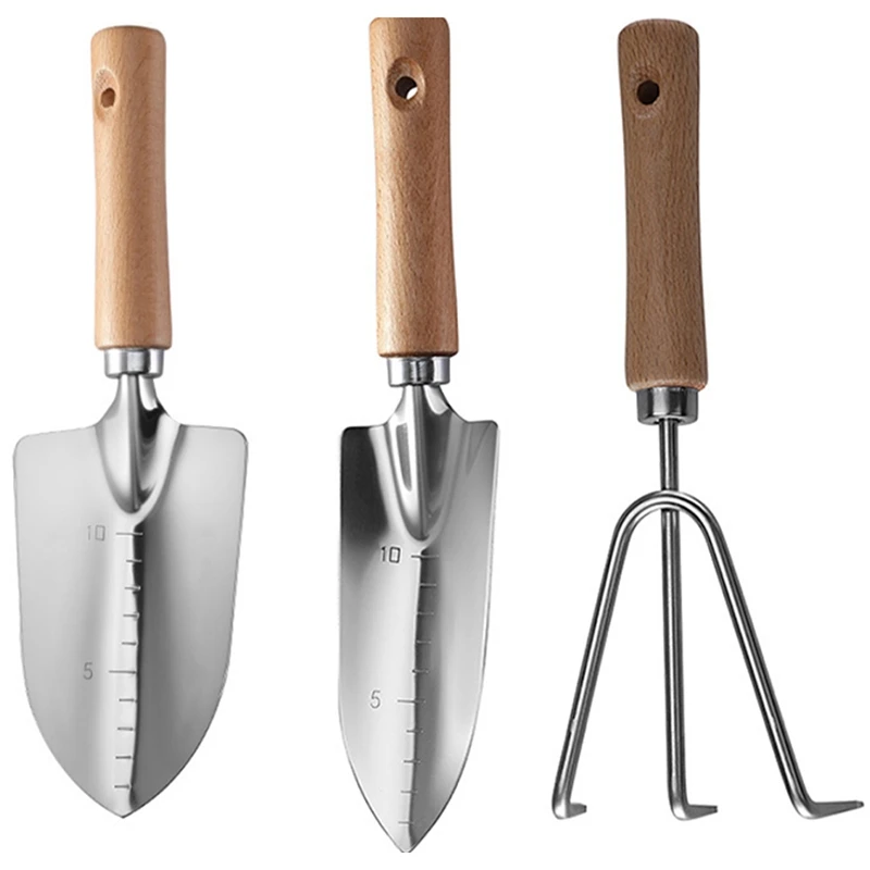 3PCS The Garden Wooden Handle Small Shovel Silver Steel Includes A Wide Shovel, A Pointed Shovel And A Three-Toothed Rake