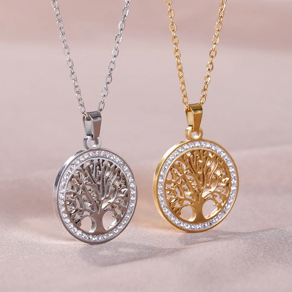 LIKGREAT Tree of Life Stainless Steel Necklace for Women New Fashion Clear Zircon Round Pendant Necklaces Jewelry Wedding Gift