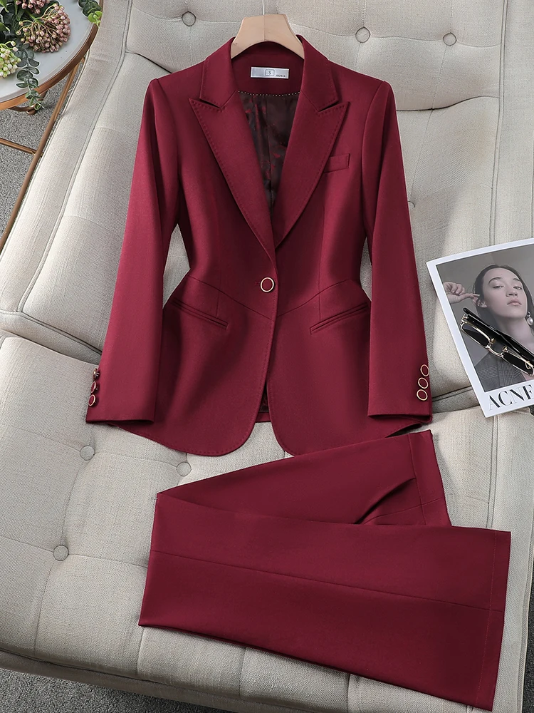 Office Ladies Formal Pant Suit 2 Piece Set Women Green Khaki Red Female Long Sleeve Business Work Wear Blazer Jacket And Trouser