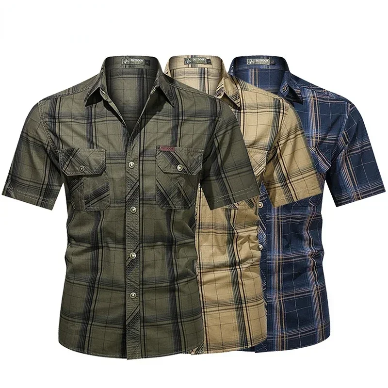 Men Lapel Shirt Plaid Printing Summer Short-sleeve Fashion unload Tops Casual Streetwear Male Work Shirts Army Green S-5XL