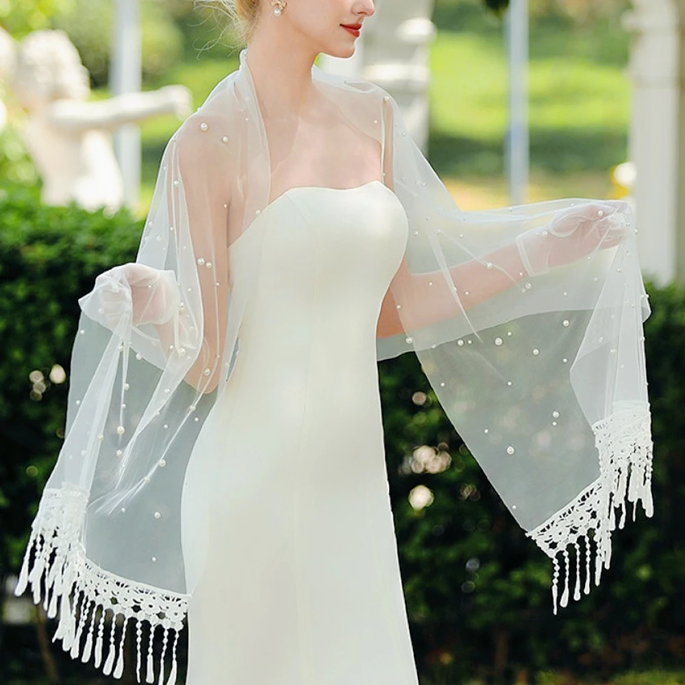 قبعات زفاف لؤلؤ فاخرة مع شرابات مطرزة للعرائس شال بوليرو مغطى لفستان الحفلات وإكسسوارات الزفاف والحفلات المسائية