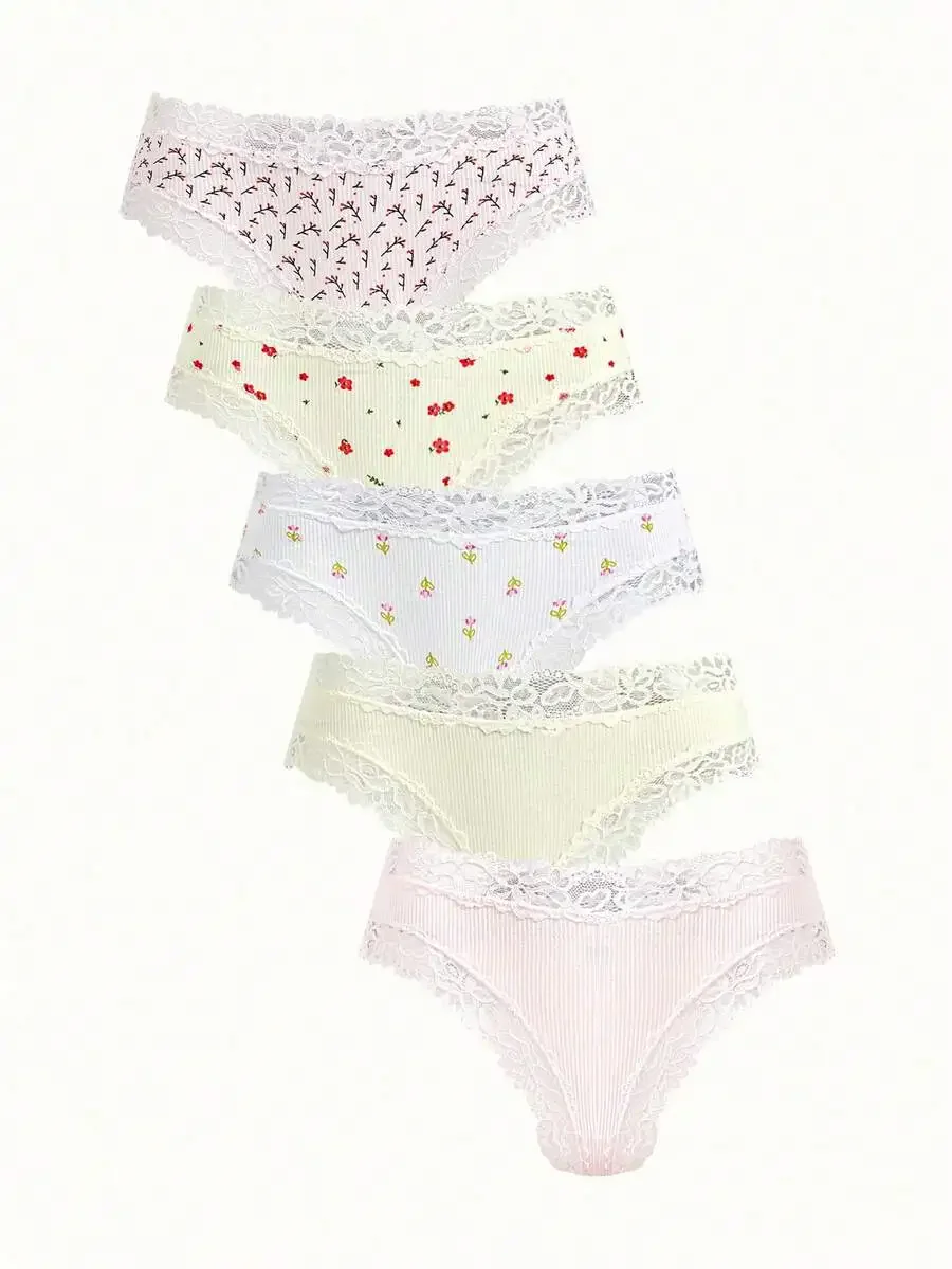 

5pcs Womens Lace Trim Low-Rise Seamless Panties Soft Breathable For Daily Yoga Sport Wear