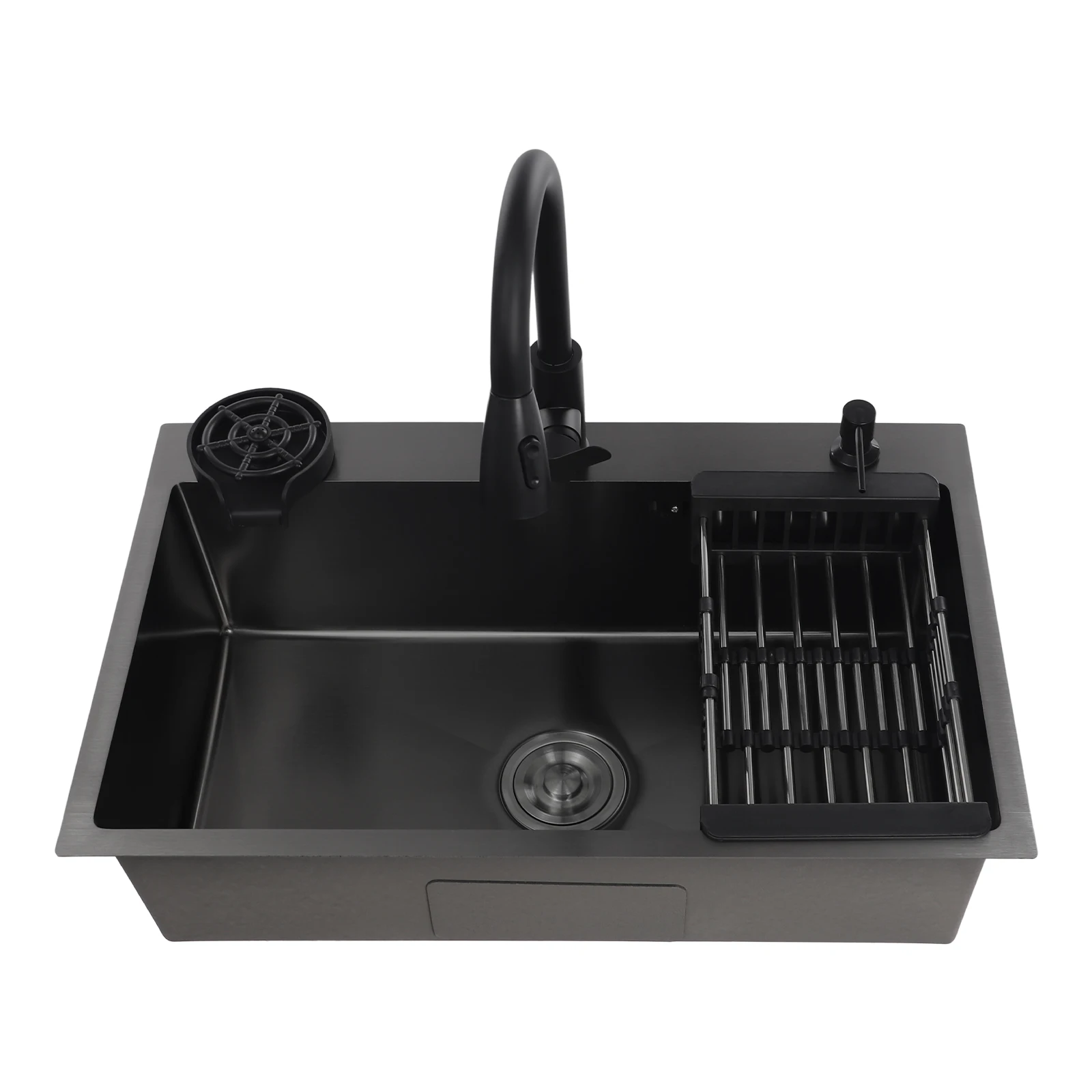 Wastafel Stainless Steel 201, Set Wastafel Dapur dengan Keran Tarik, Keran Penguras & Pipa Air Panas, Wastafel Satu Lubang, 72x45x20 cm