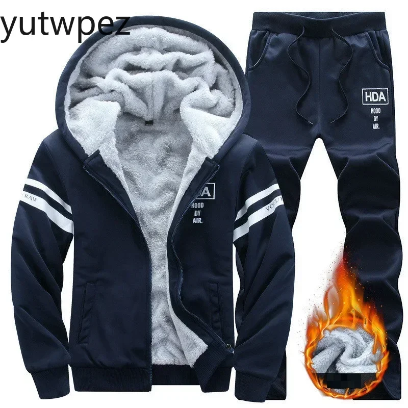 Winter Men Set Casual Warm Thick Hooded Jacket+Pants 2PC Sets Outdoor Inner Fleece Hoodies Zipper Tracksuit Sports Suit Outwear