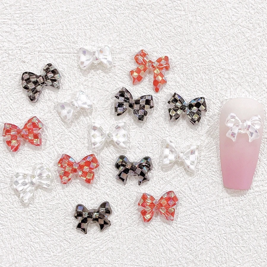 30PCS 3D Retro Checkered Bow Nail Art Charms Classic Acrylic Ribbon Bowknot For Nails Decoration Supplies Manicure Decor Parts