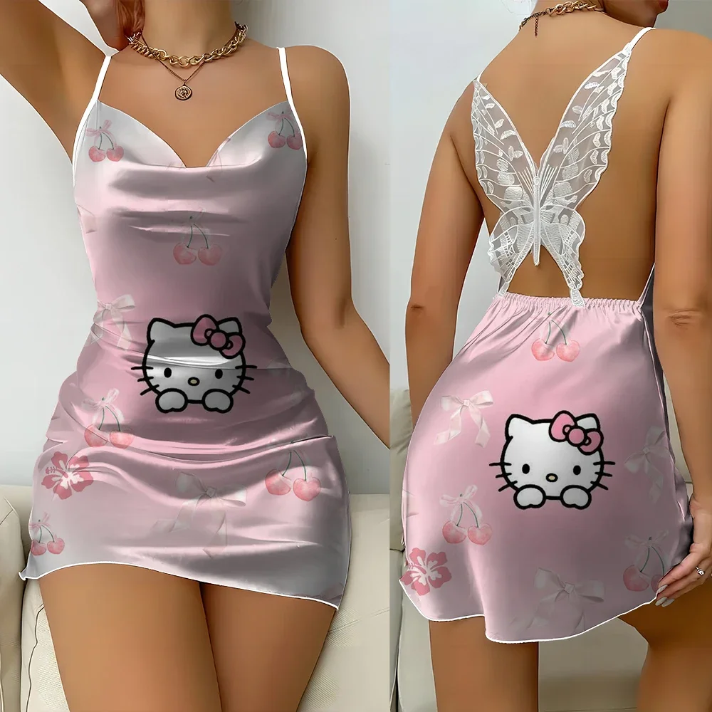 

Женская удобная ночная рубашка на подтяжках Hello Kitty, модная летняя сексуальная ночная рубашка с кружевом и бабочкой, с открытой спиной