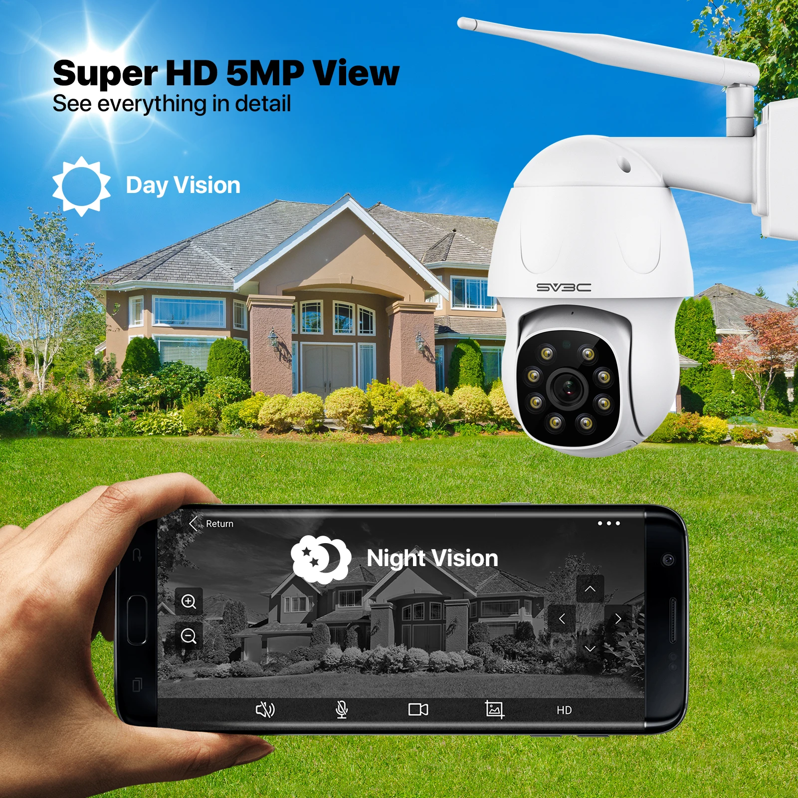 5MP Wifi Security PTZ Camera, SV3C Outdoor Wireless Home Surveillance CCTV, AI Human Detect,Color Night Vision,Metal Shell,Onvif