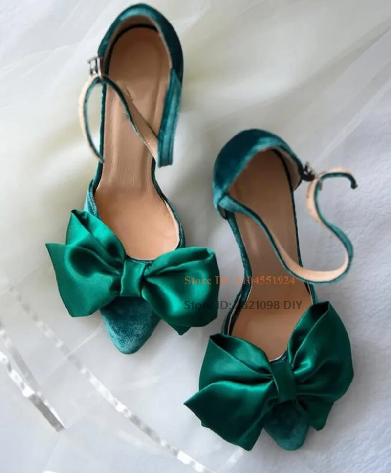 Suede Leather with Green Big Bowknot Decor Sandalias Women Open Toe High Heel Sandals Bowtie Ladies Concise Summer Dress Shoes