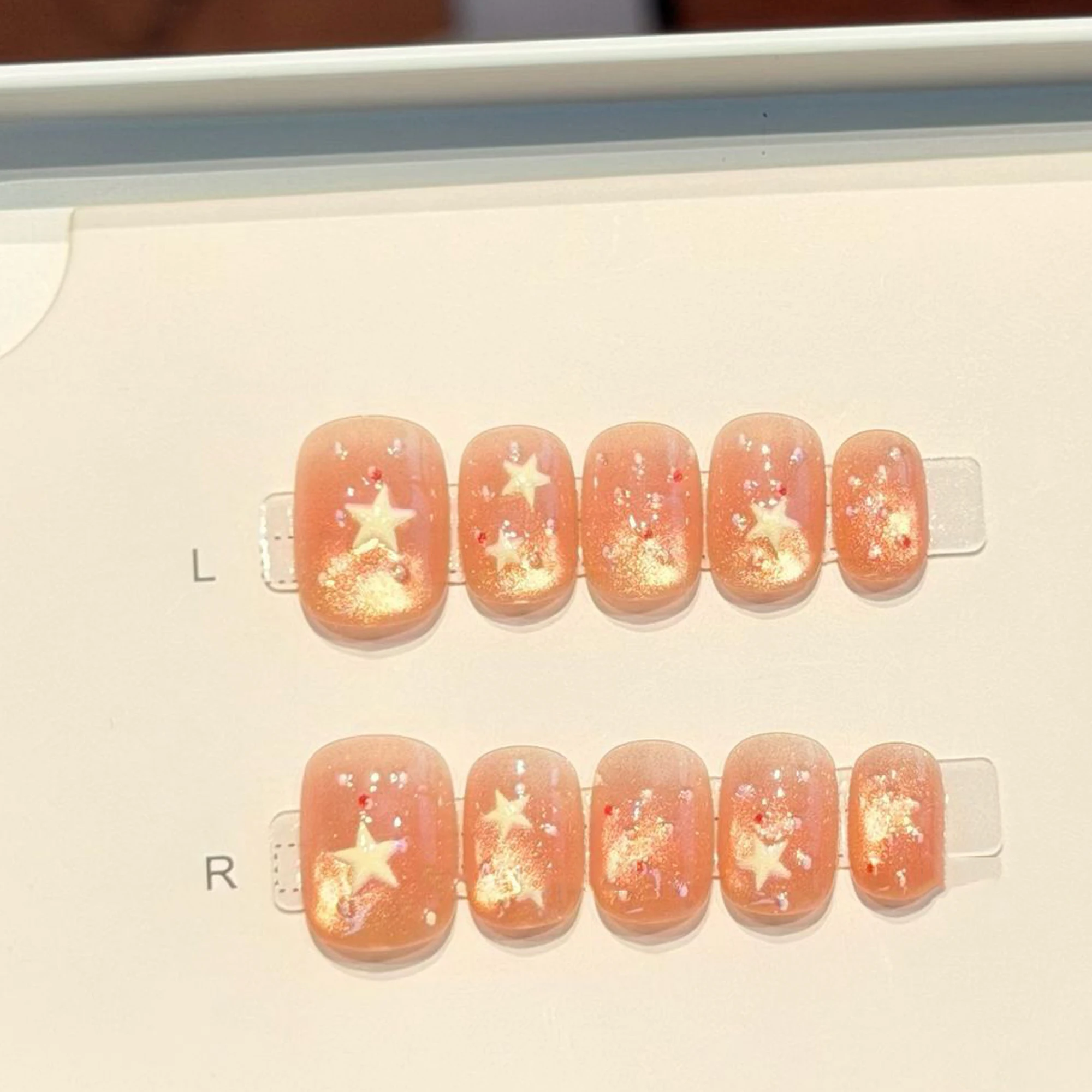 

10pcs Handmade French Short Press On False Nails Dot Glitter Star Design Cat's Eye Fake Nail Wearable Nail Art Tips For Girls