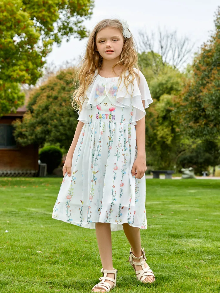 Girls Dresses Summer Floral Printed Ruffled White Princess Dresses