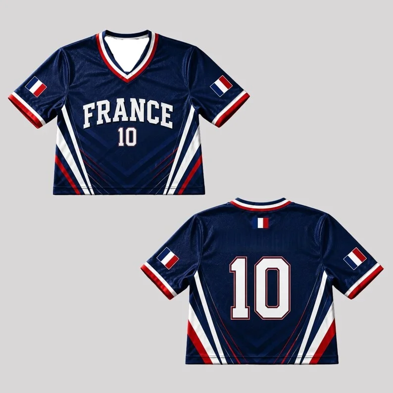 French Flag Color 3D Printed Short Jersey Style Support T-shirt, Y2K Spicy Girl Style Subculture Street Style Top