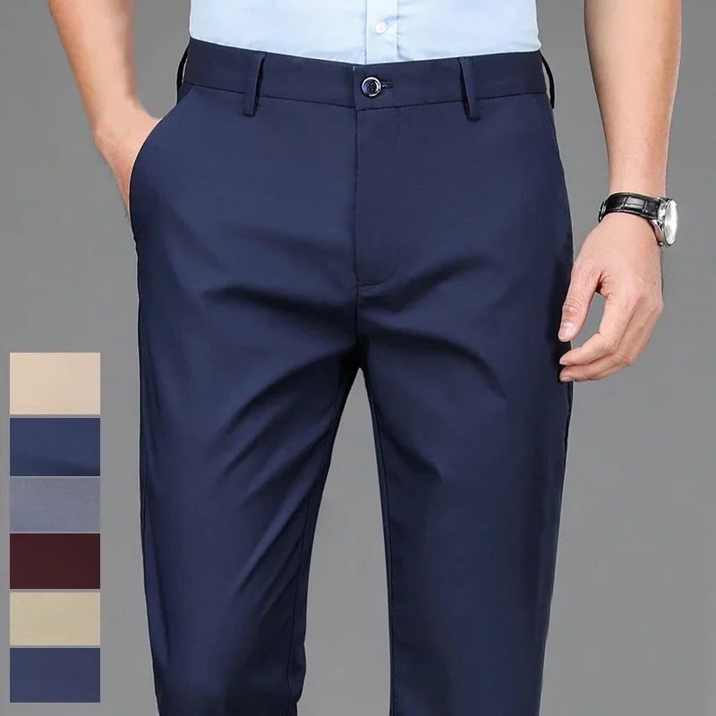 Pantaloni casual elasticizzati da uomo Pantaloni da abito da lavoro Pantaloni eleganti traspiranti primavera estate Pantaloni da lavoro Homme a figura intera