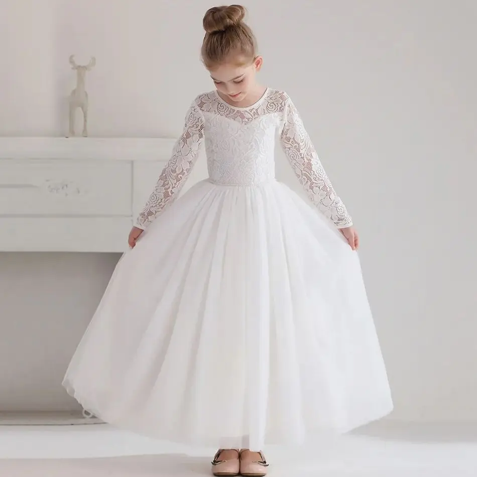 

Elegant White Long Sleeve Lace Flower Girl Embroidered Princess Dress For Teens Bridesmaid Weddings Formal Party Pageant Gown