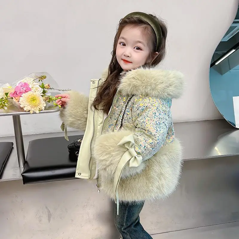 Winter Warm Jackets New Year Cotton Coats Cute Girls Jackets Baby Plus Velvet Thick  Kids Hooded Outerwear Children Shiny Coat