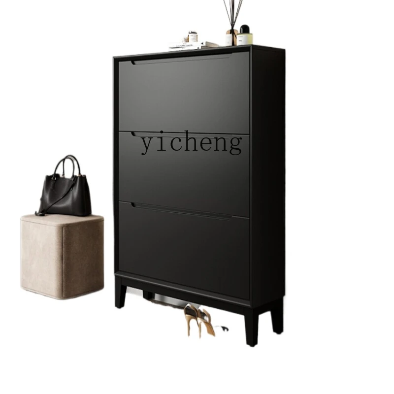 

ZK Solid Wood Tilting Shoe Cabinet Ultra-Thin Home Doorway Entrance Door Black Ultra-Narrow Shoe Cabinet Storage Cabinet