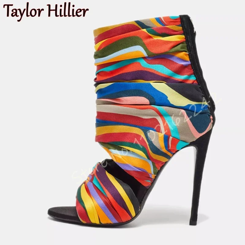 

Разноцветные камуфляжные ботильоны на высоком каблуке с открытым носком и круглым носком на шпильке, модные подиумные ботильоны для ночного клуба, лето 46