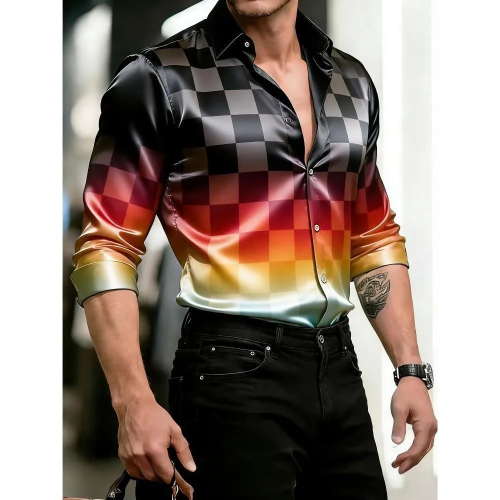 Men's Satin Long Sleeved Shirt 3D Artistic Geometric Print Fashionable Business Casual Street Collar Party Wear