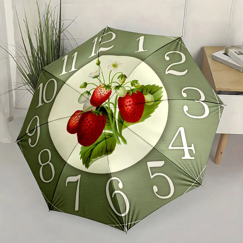 1PC Strawberry Clock Umbrella: Unique Timepiece Design Print 8 Iron Ribs Folding Umbrella Auto-Open Fashion Sunshade