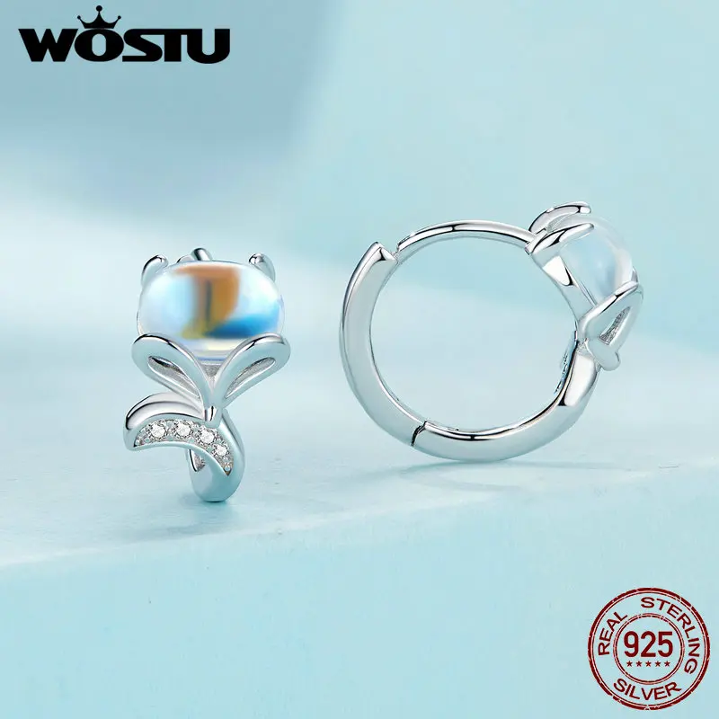 WOSTU Original 925 Sterling Silve Fox Ear Clips Moonstone Ear Hoop for Women Children Fine Jewelry Party Birthday Gift 10mm