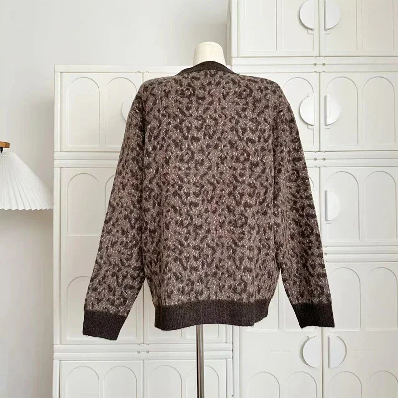 Women Brown Leopard Cardigan Sweater Harajuku Y2k Long Sleeves Knitted Sweaters 90s Aesthetic Vintage 2000s Clothes Autumn 2024