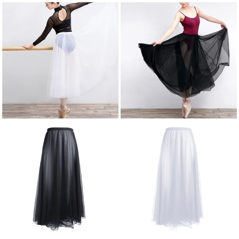 Women Ballet Swing Long Wrap Skirt Gymnastics Skirts Elastic Waist Double Layer Sheer Tulle Dance Over Scarf for Leotard