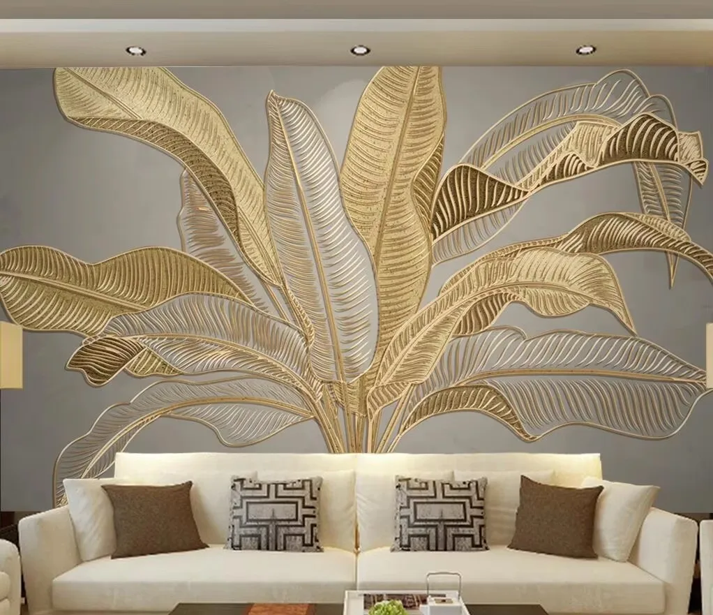 

Custom atmospheric banana leaf luxury golden line embossed TV sofa background papel de parede wallpaper wall stickers