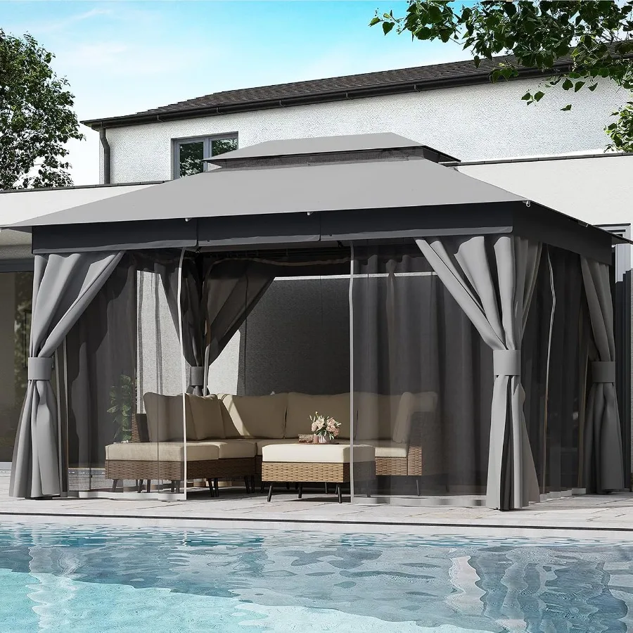 Patio, Outdoor Heavy Duty Party Tent Shelter with Double Roofs, Mosquito Nettings and Privacy Screens for Backyard, Garden, Law