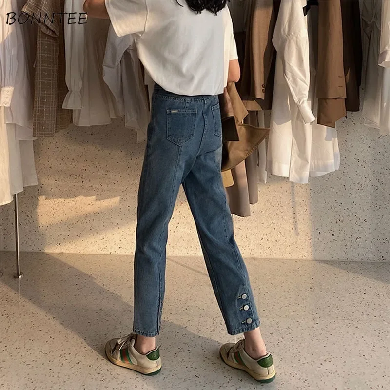 Jeans Women Ankle-length High Waist Button Design Casual Korean Fashion Vintage Popular Spring Female Clothing Daily Washed Y2k