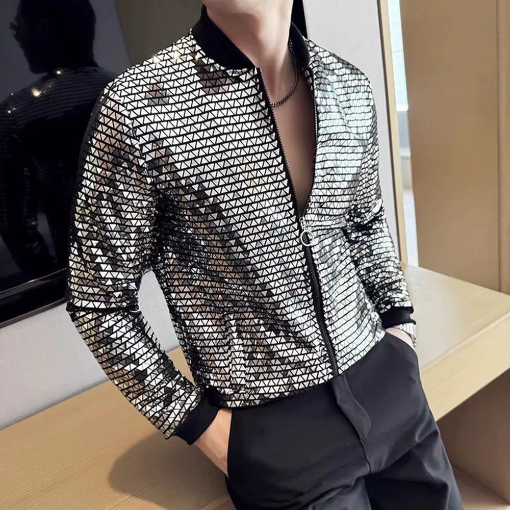 

Mens Shirt Silver Sequin Ballroom Shirt Streetwear Fashion Nightclub Hip-Hop Personality Long-Sleeve Top Men'S Clothing 2025 New