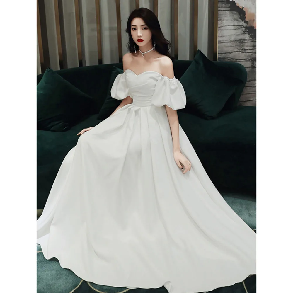 

Elegant Solid Color Women's Simple Evening Dress Off The Shoulder Half-Length Puff Sleeves Pleated Slim Fit A-line Party Vestido