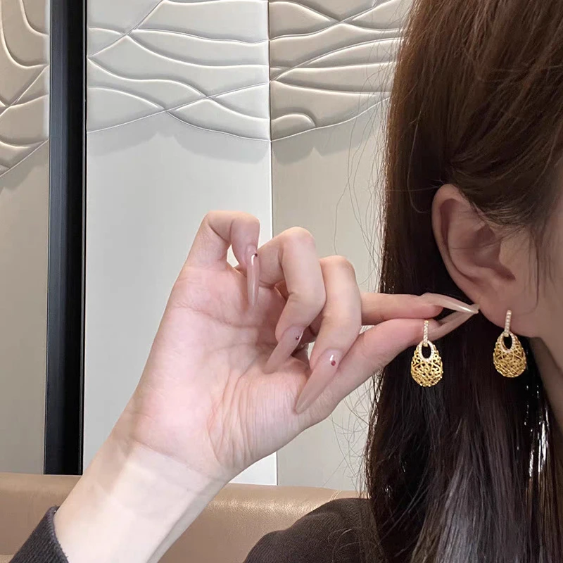 999 Gold Color Light Luxury Hollow Magic Sachet Teardrop Earrings, High-End Fashion Dangle Stud For Women